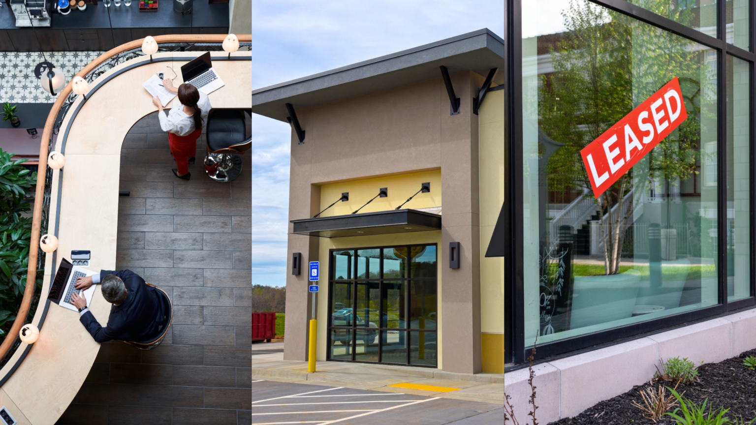Evolving Workplace Furnishing, Adaptive Reuse, and Leasing vs Buying Office Spaces. Image of people working on laptops on a curved desk overlooking another floor (left), a vacant storefront (middle), and a 'Leased' sign in a window (right).