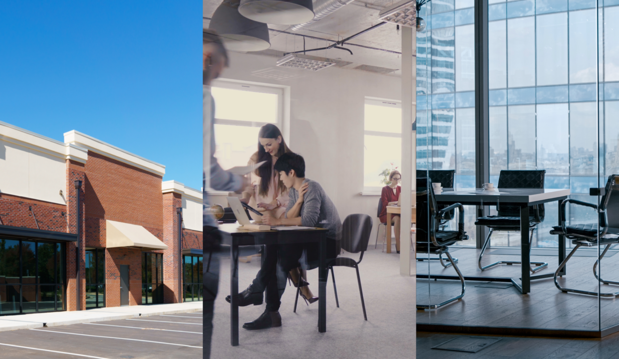Smaller Commercial Spaces, Coworking’s Suburban Shift, and Office Market Stabilization. Image of vacant storefronts (left), people working in a coworking space (middle), and a conference table and chairs in the room of an office building (right).