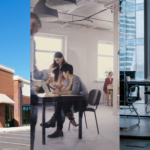 Smaller Commercial Spaces, Coworking’s Suburban Shift, and Office Market Stabilization. Image of vacant storefronts (left), people working in a coworking space (middle), and a conference table and chairs in the room of an office building (right).