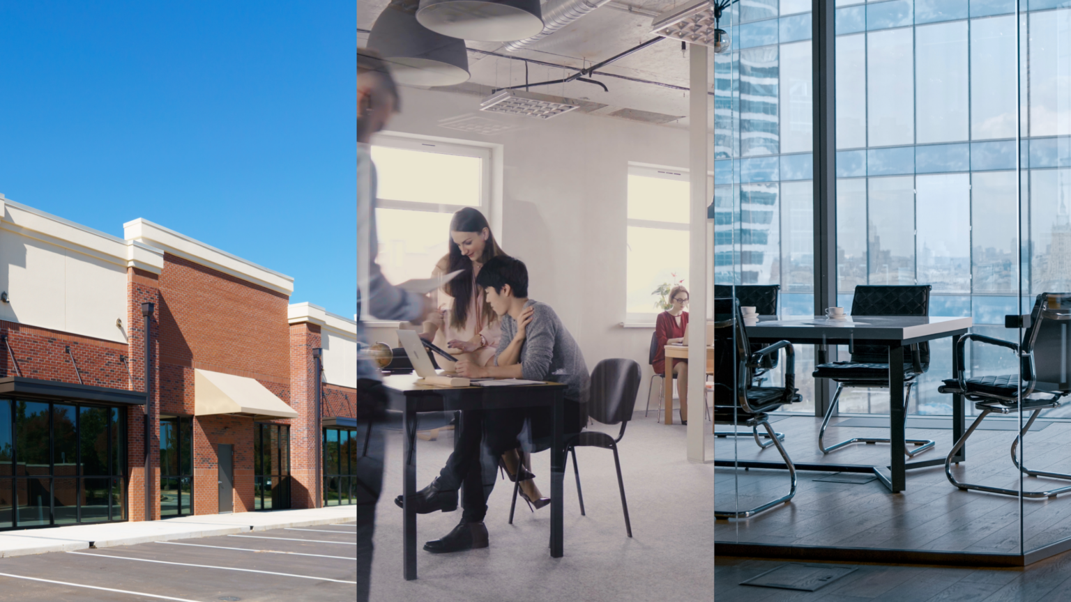 Smaller Commercial Spaces, Coworking’s Suburban Shift, and Office Market Stabilization. Image of vacant storefronts (left), people working in a coworking space (middle), and a conference table and chairs in the room of an office building (right).
