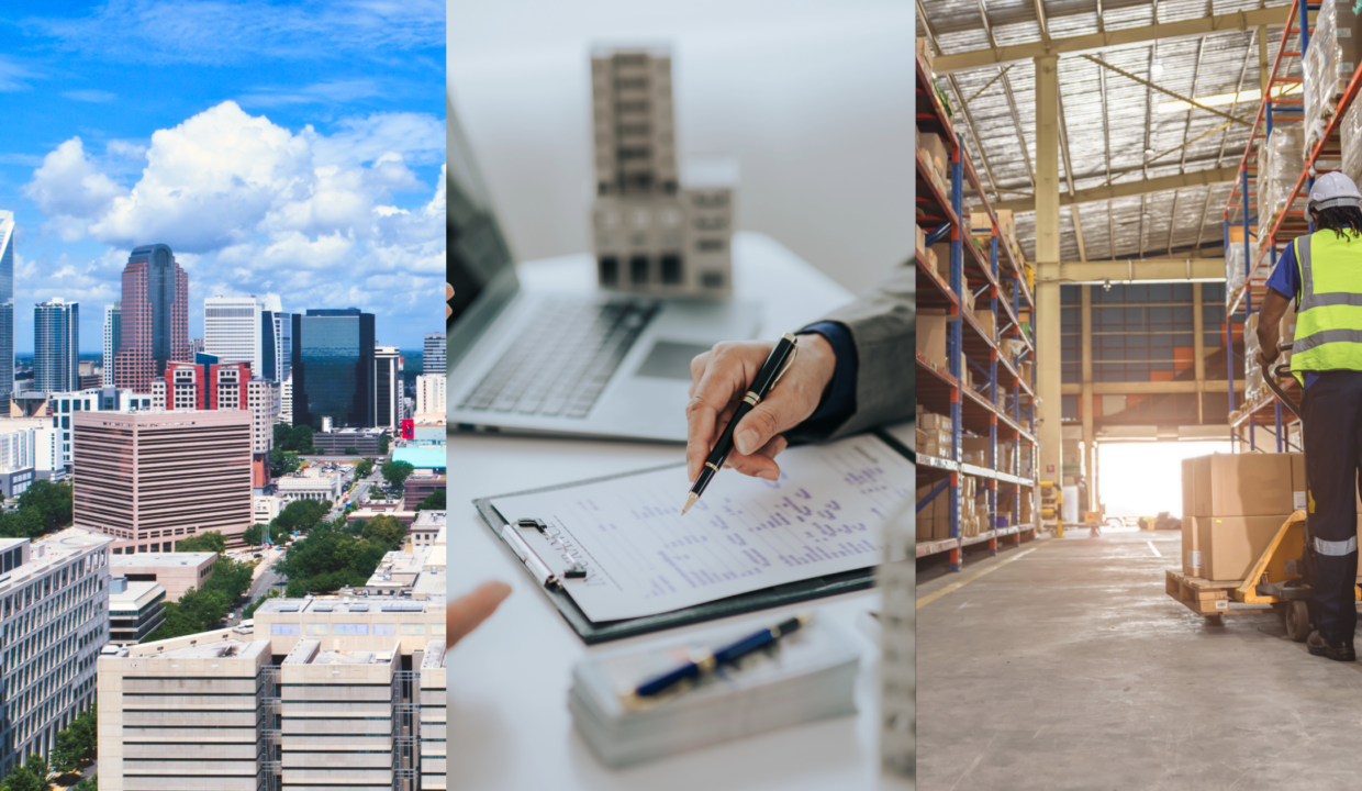 Zoning Considerations, CRE Investing, and Shifting Logistics Market Conditions. Image of Charlotte, NC (left), a person writing on a contract with a model commercial building in the background (middle), a worker in the aisle of a warehouse (right).