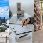 Zoning Considerations, CRE Investing, and Shifting Logistics Market Conditions. Image of Charlotte, NC (left), a person writing on a contract with a model commercial building in the background (middle), a worker in the aisle of a warehouse (right).