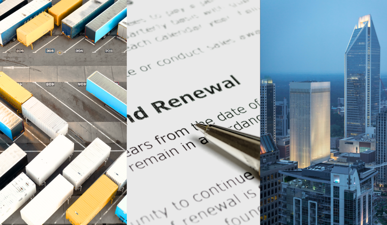 Industrial Outdoor Storage, Lease Renewals, and Midyear Trends. Image of an industrial outdoor storage area with storage containers in numbered spots (left), a printed renewal agreement with an ink pen on top (middle), an overhead view of Uptown Charlotte, NC (right).