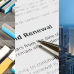 Industrial Outdoor Storage, Lease Renewals, and Midyear Trends. Image of an industrial outdoor storage area with storage containers in numbered spots (left), a printed renewal agreement with an ink pen on top (middle), an overhead view of Uptown Charlotte, NC (right).