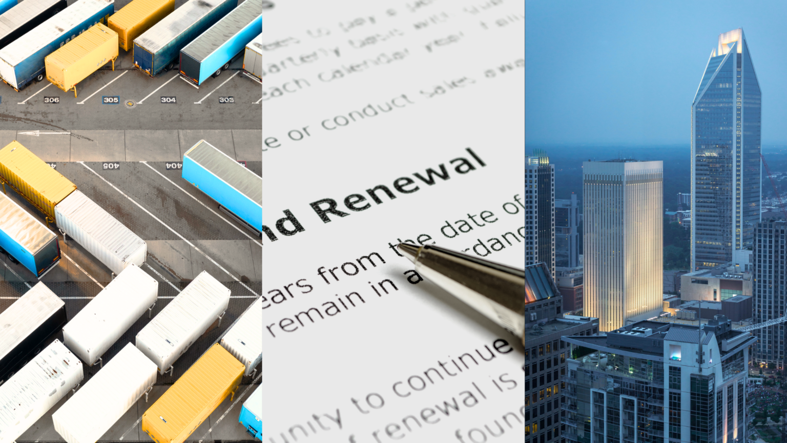 Industrial Outdoor Storage, Lease Renewals, and Midyear Trends. Image of an industrial outdoor storage area with storage containers in numbered spots (left), a printed renewal agreement with an ink pen on top (middle), an overhead view of Uptown Charlotte, NC (right).