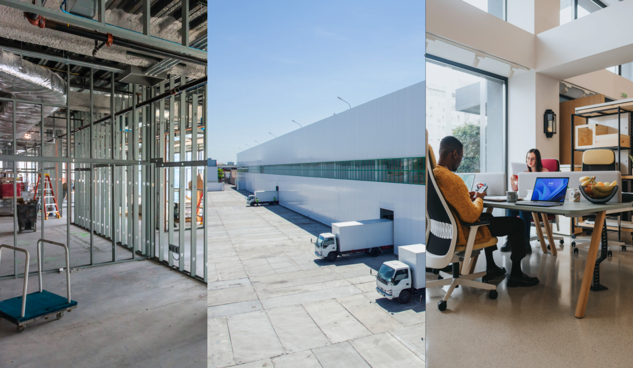 Office Conversions, Industrial Investing, and Workplace Amenities. Image of an space in a building that is under construction (left), an industrial building (middle), and people in a coworking space (right).