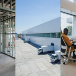 Office Conversions, Industrial Investing, and Workplace Amenities. Image of an space in a building that is under construction (left), an industrial building (middle), and people in a coworking space (right).
