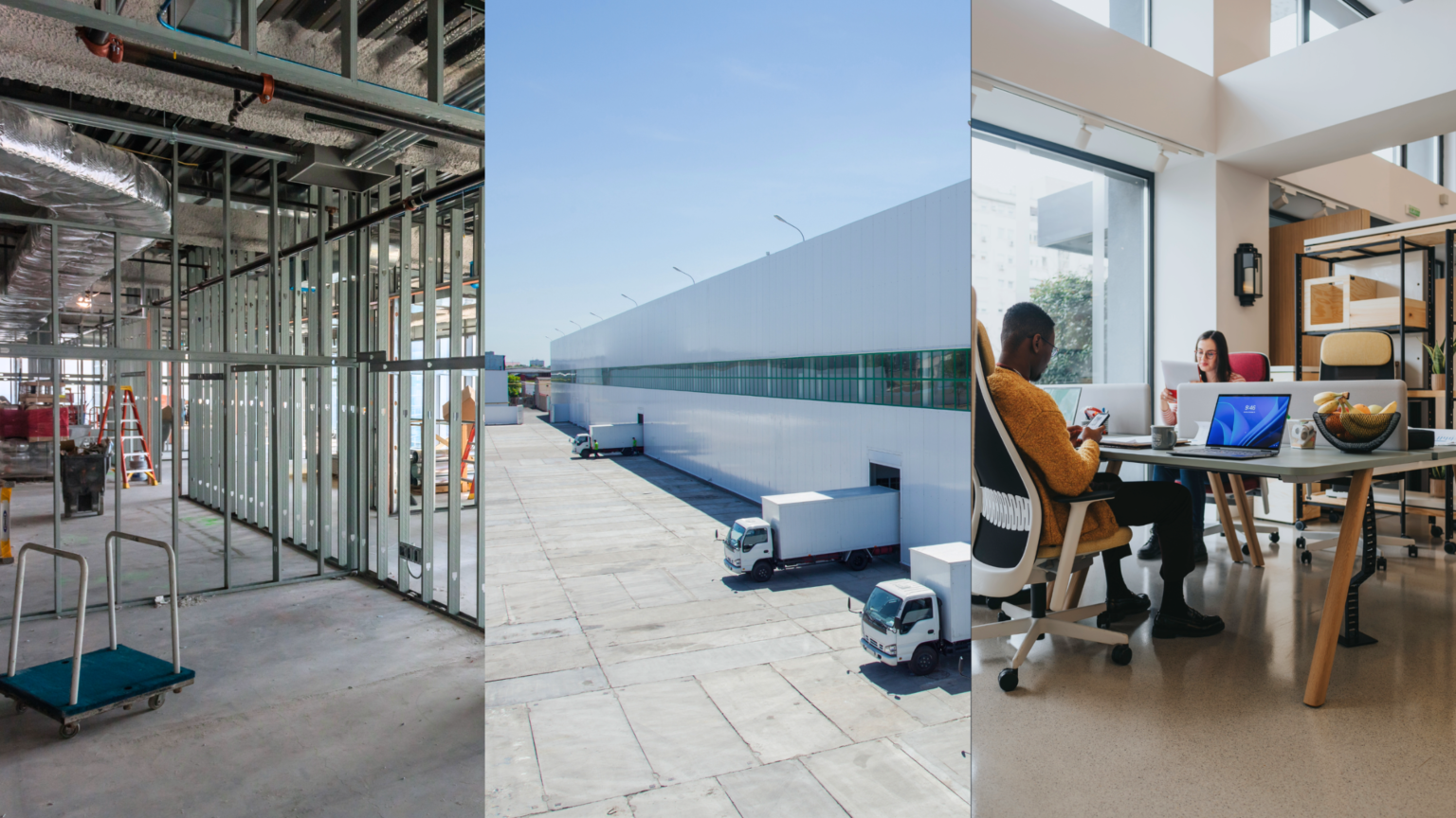 Office Conversions, Industrial Investing, and Workplace Amenities. Image of an space in a building that is under construction (left), an industrial building (middle), and people in a coworking space (right).
