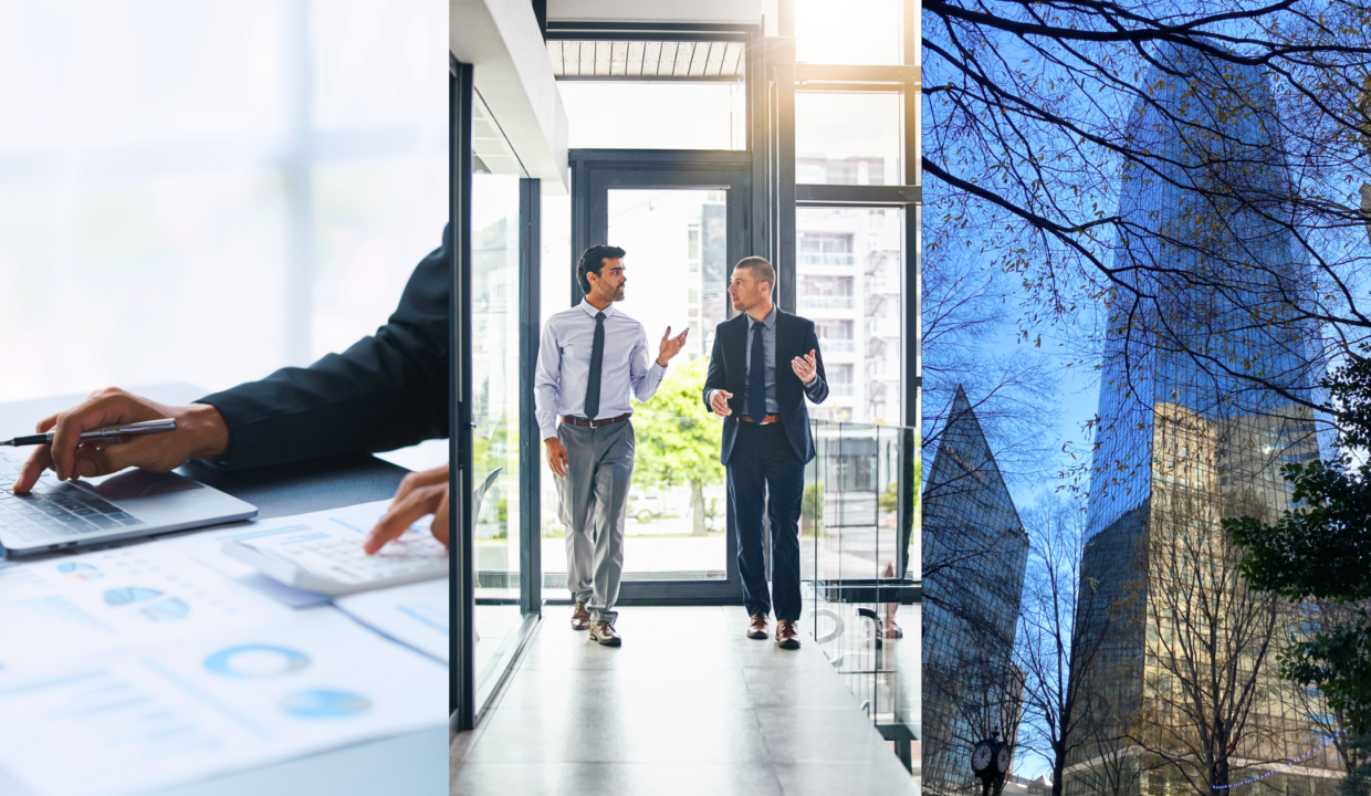 Property Data, Tenant Retention, and CRE Liquidity. Image of a person typing on a laptop while holding a pen and using a calculator on top of printouts of graphs (left), two people talking to each other while walking in a building (middle), and buildings in Uptown Charlotte, NC (right).