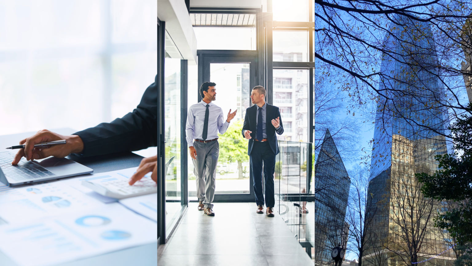 Property Data, Tenant Retention, and CRE Liquidity. Image of a person typing on a laptop while holding a pen and using a calculator on top of printouts of graphs (left), two people talking to each other while walking in a building (middle), and buildings in Uptown Charlotte, NC (right).