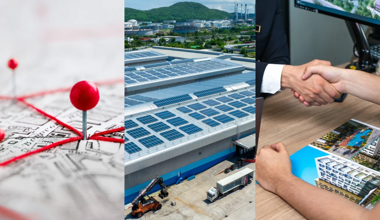 Site Expansion, Sustainability Investments, and Deal Structures. Image of close-up city map with red push pins connected by red thread (left), top view solar panel system on warehouse factory (middle), and business handshake agreement for real estate deal over images of commercial buildings (right).