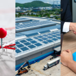 Site Expansion, Sustainability Investments, and Deal Structures. Image of close-up city map with red push pins connected by red thread (left), top view solar panel system on warehouse factory (middle), and business handshake agreement for real estate deal over images of commercial buildings (right).